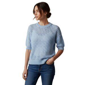 Ann Taylor Women’s Short Sleeve Open Knit Sweater Light Blue Cotton Blend Size S